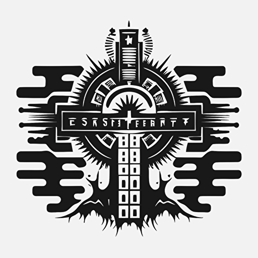 Retro futuristic iconic logo of corporate exorcist, black vector, on white background.