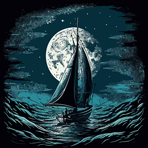 small sailboat/yacht with single mast and 2 sails at night on very rough seas with a huge moon. shades of blue and vector style.