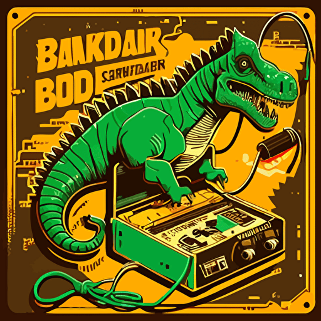 Electric Dinosaur with a soldering iron repairing a pcb Simple Vector Logo Retro 80s Style Box Art