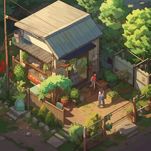 isometric, ghibli, makoto shinkai, cute, vector style, simple detail, isometric diorama, cute and warm atmosphere, plants and plantation, relaxed and peaceful, lonely — no car — no person