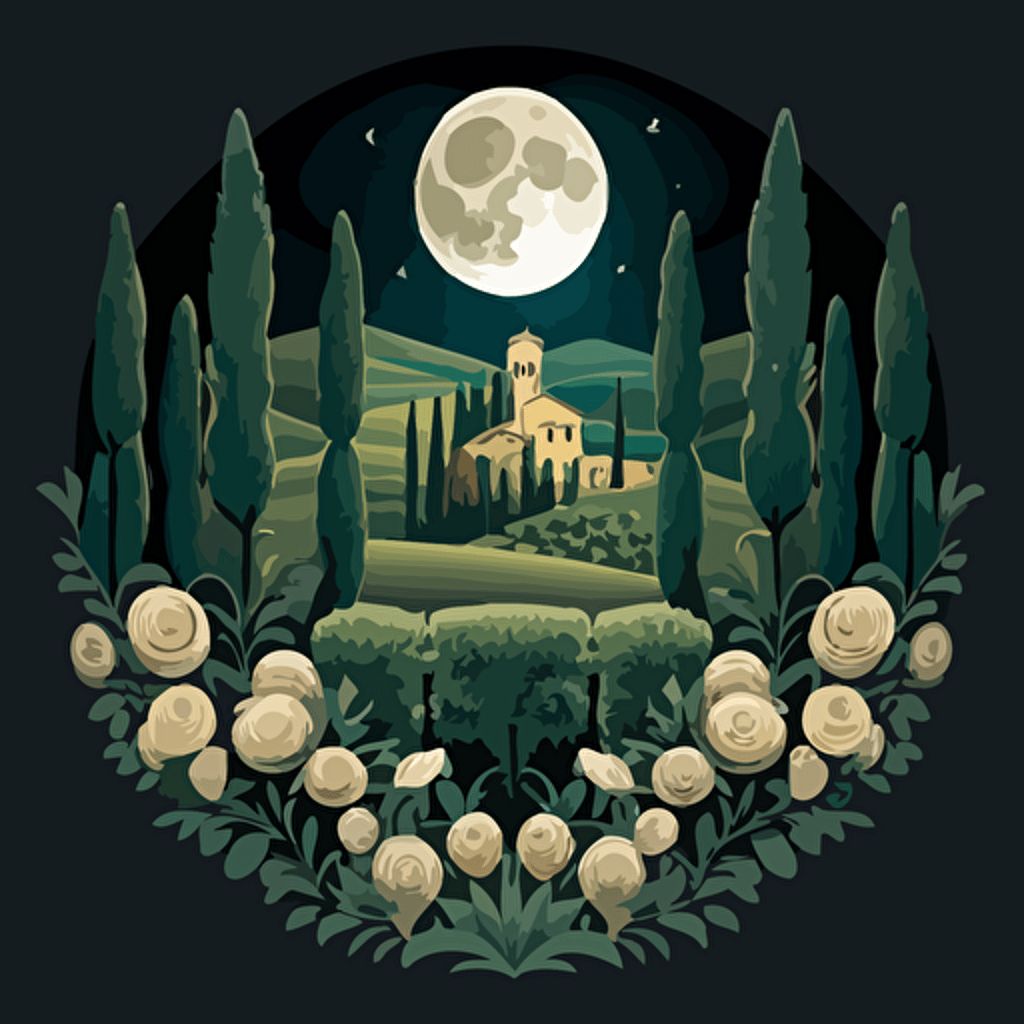 full moon shining over traditional Tuscany countryside serene garden in Gothic, Romanesque, Renaissance style vector art