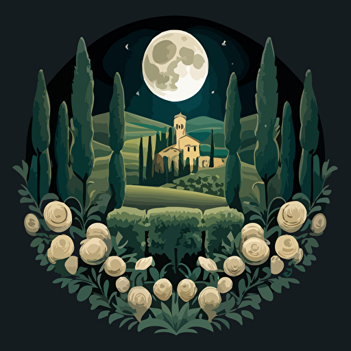 full moon shining over traditional Tuscany countryside serene garden in Gothic, Romanesque, Renaissance style vector art