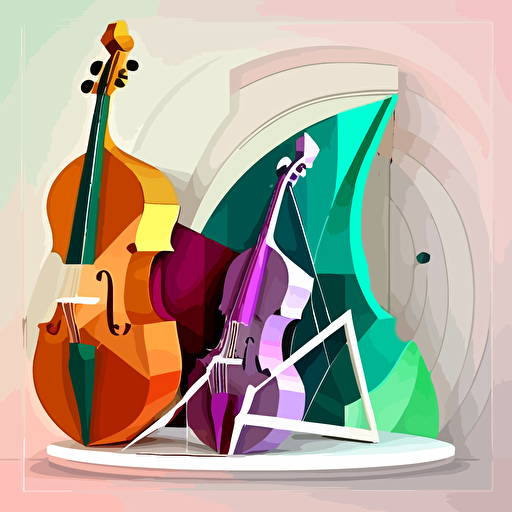 a violin in front of a cello in front of a double bass in front of a harp in front of a timpani in front of a piano in different colors , flat vector, design pappercut