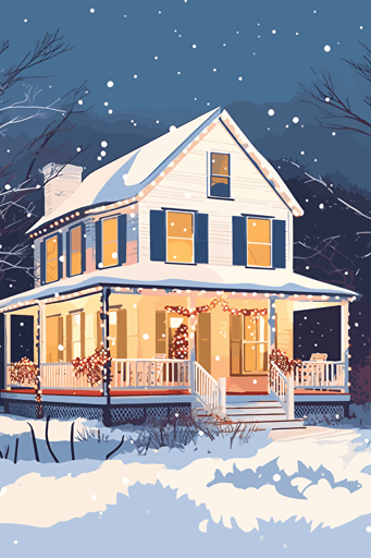 texas farmhouse at christmas, wrap around porch, cozy and sweet, bright light, colorful, snow, vector art, concept art