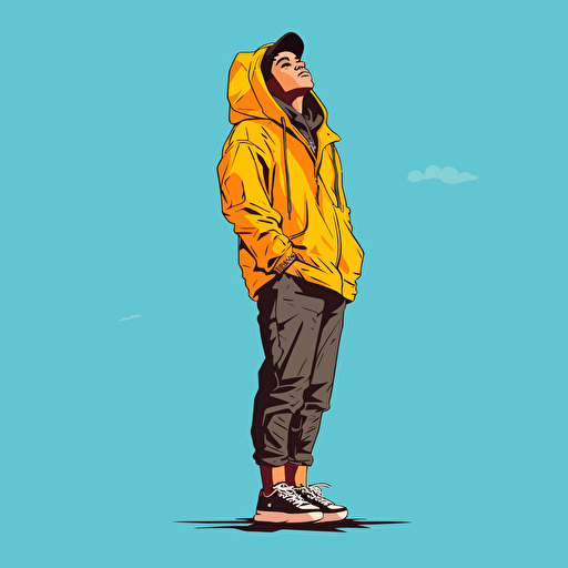 student wearing hoodie looking up by tim lahan, flat colors, three quarter pose, 2d vector art