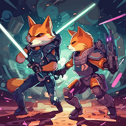 army fight between shiba inu cyber punk and fox dark shiba inu outfit battle, galaxy explose, anime background, vector