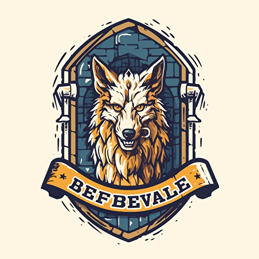 simple vector logo, beer keg and wolf head, brewery, old stone wall behind