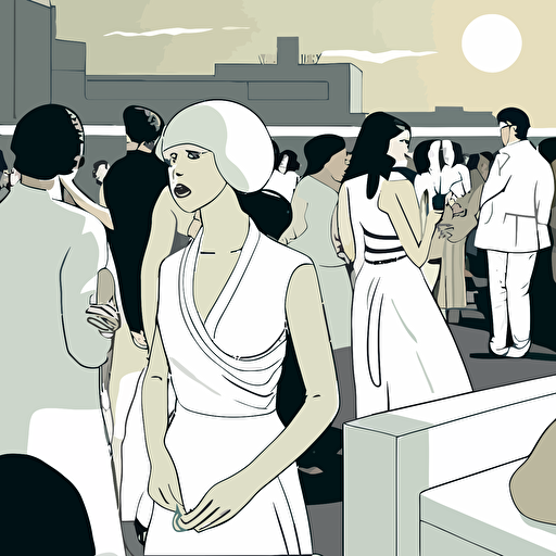 920's summer party on a rooftop terrace in barcelona where people are all dressed in white, pop art, vector, minimalistic