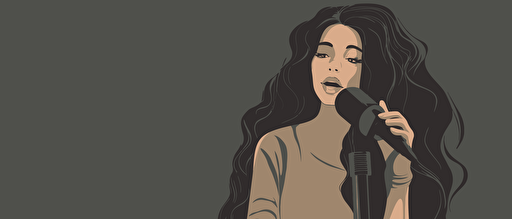 A girl speaking in front of a microphone, muted colors, 2d vector illustration with a grey background