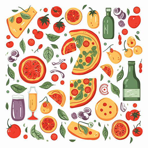 one color flat illustration of pizza ingredients on white background, vector art, no outline, pastel colors