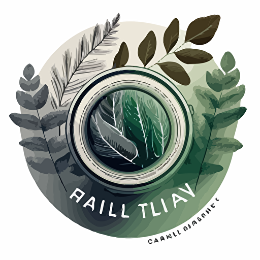 a vector logo 3 colours green, light grey. Of a camera lens and nature