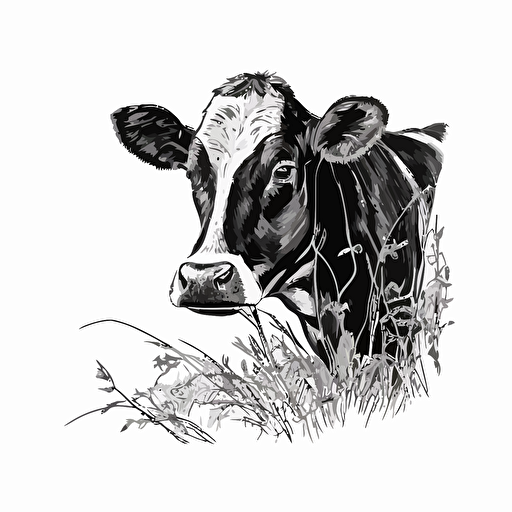 close up of cow chewing grass in style of charles williams, black and white, flat, vector, line drawling, white background ar 1:1