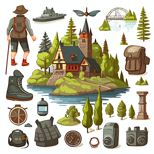 set of vector cartoon sprites in grid, english countryside, on white background, house, statue, lake, trees, train, town, viking, binoculars, backpack, bridge, gloves, book