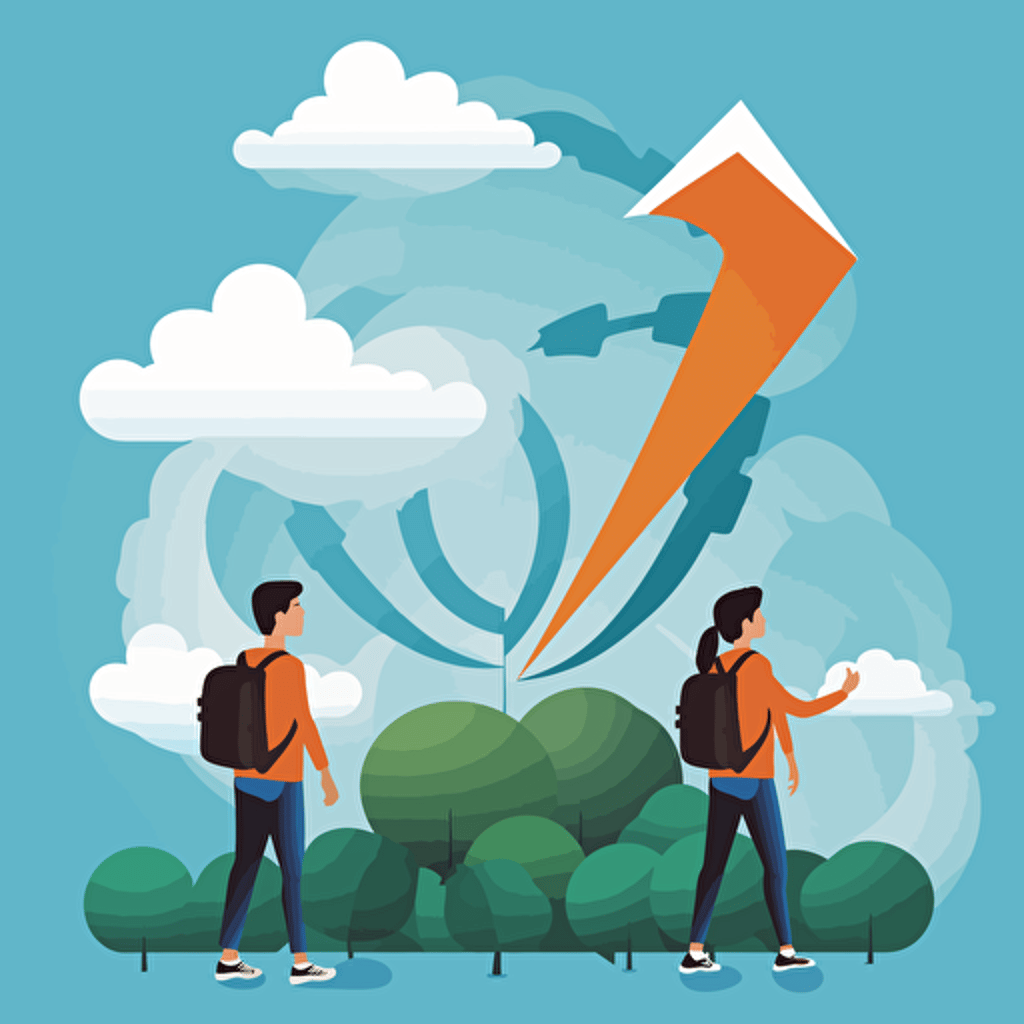 students at a big arrow, clouds vector style