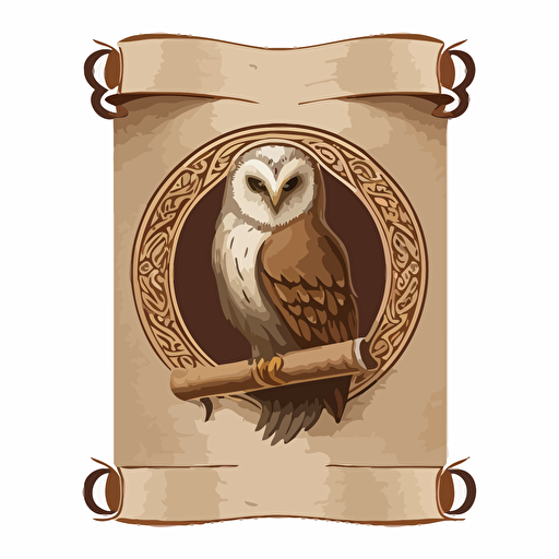 very simpe vector logo of a monastic scroll with an owl seal, white background