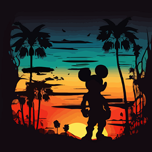 vector of a colorful sunset with the silhouette of Mickey Mouse