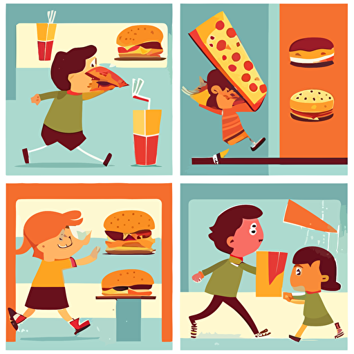fast food, multiple angles ,children's book illustration style, simple, full color, flat color,vector