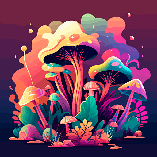 cute landscape, joyful, electric colors, Disney, illustration. Colorful detailed mushrooms. sun. hippie. pastel colors. moody. lightened, upscaled. Attention to detail. imagine V3 drawing. Vector V5. Exquisite. Beautiful flowers and detailed leaves. Happy emotions. Style: cartoon