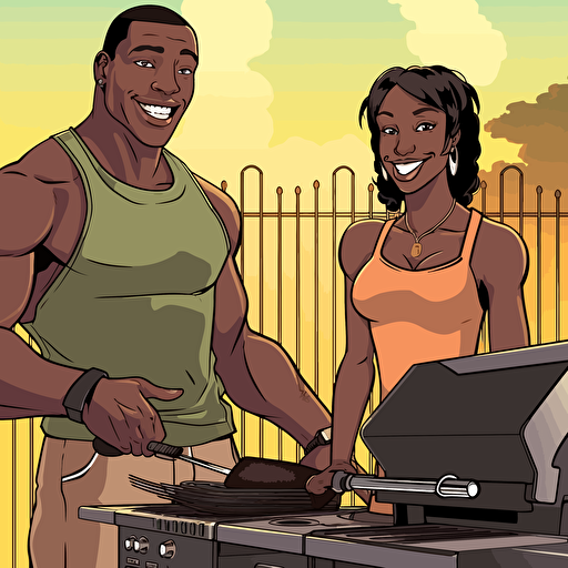 dojinshi manga style, ecchi, black flirty couple, summer BBQ ,black busty lady wearing a bikini, black man extremly muscular, laughing, flirty, sexy, they stand confidently in front of a grill, iconic, Atlanta, Georgia, warm and earth tones, vector, high res, art directed by Art Paul, 9:16