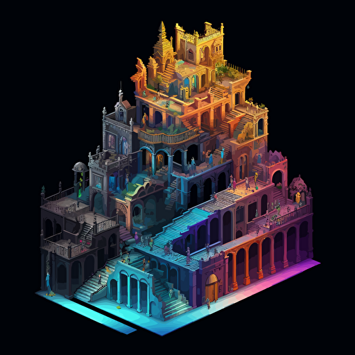 identical levels of a building, cutaway view, many iridescent staircases, isometric, vector shapes, magical