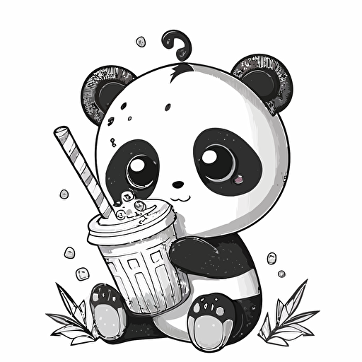 black and white cartoon illustration of a panda holding bubble tea, illustration, vector