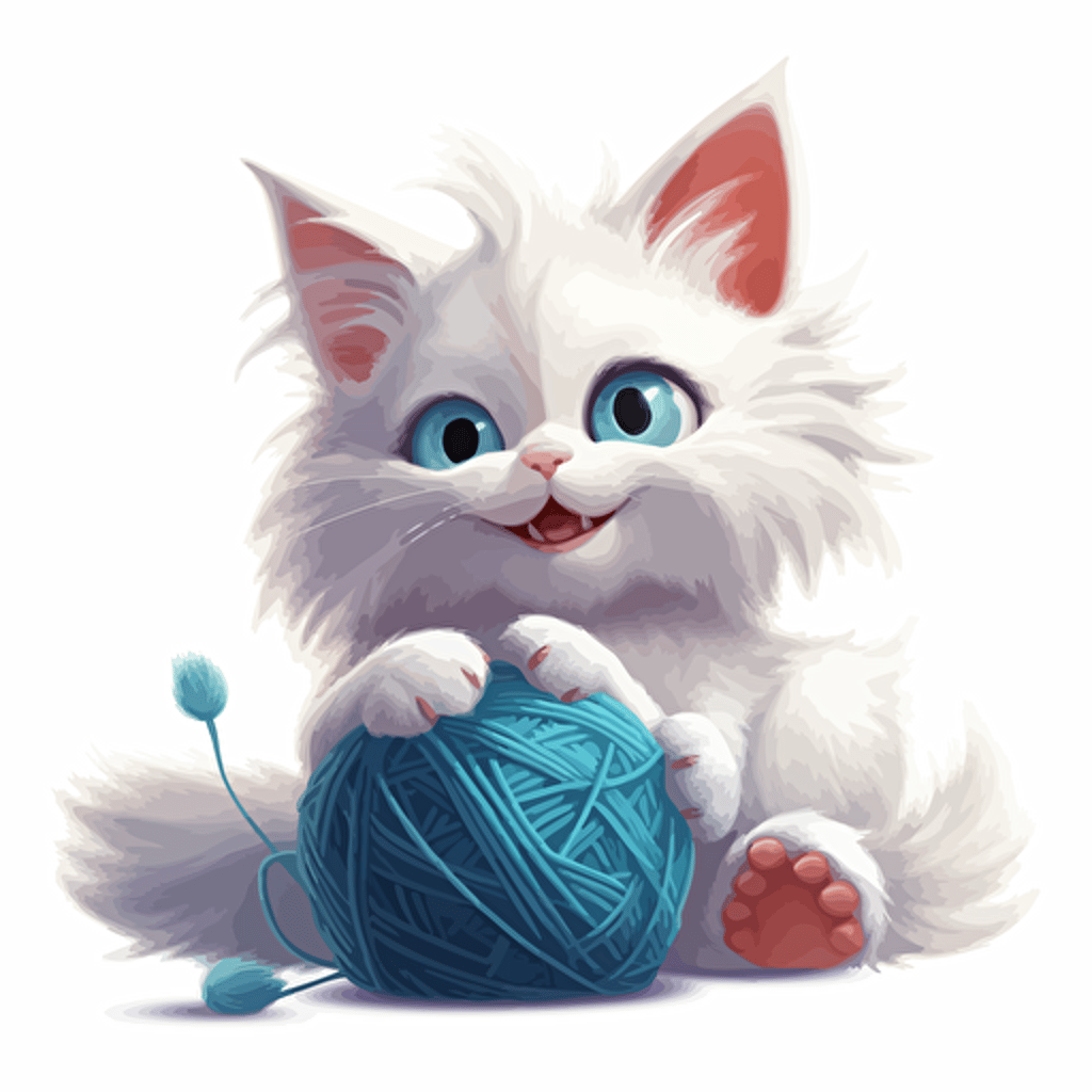 an adorable chestnut turkish angora cat with sky blue eyes playing with a ball of yarn and snarling, vector art