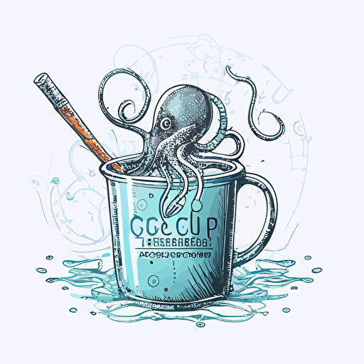logo outline vector drawing, ocotopus holding a dip net and a scientific beaker, pool service company logo