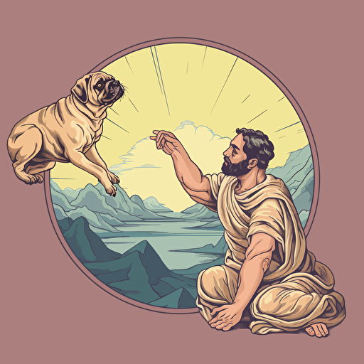 A Vector illustration of the creation of Adam by Michelangelo but instead of Adam a Pug
