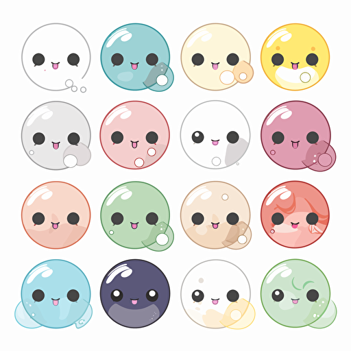 Kawaii bubbles, flat, 2D, vector, 16 colors, white background, in anime chibi style