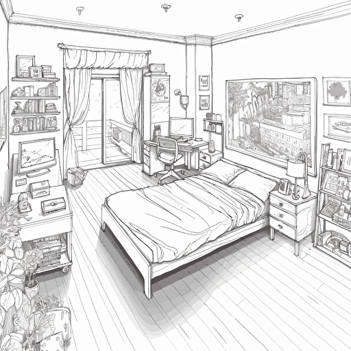 modern bedroom vector line drawing ar 16:9