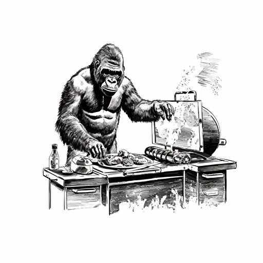 black and white gorilla cooking burgers on a chargrill , vector style with white background