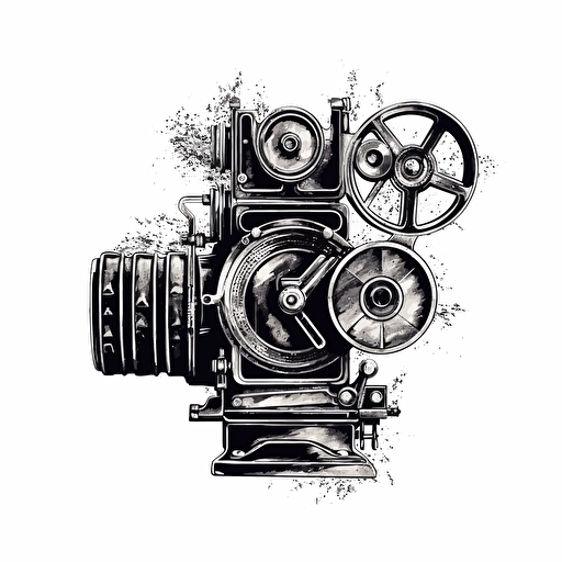 a logo of a old fashioned film movie camera black vector, on white background