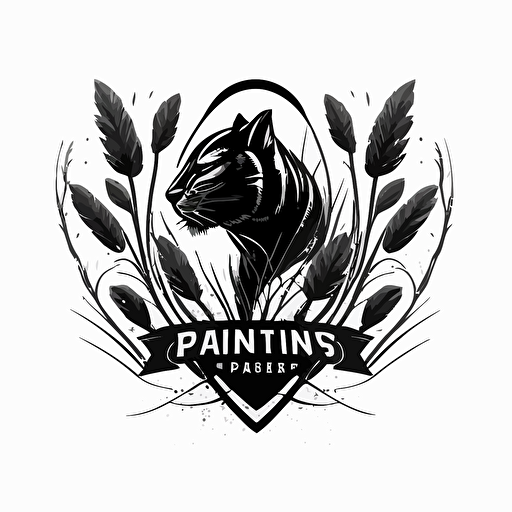 logo for a sport club. The emblem is a black panther. Incorporate pampas grasses. Black vector stroke on white background, 2D.