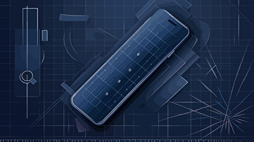 ruler and mobile phone on a grid, minimalist, vector art, oragami art, dark blue background