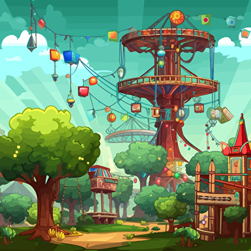 Design a game menu background, a funfair with trees flowers and people in it, add some electrical power equipment, 2.5D vector style, every thing is a cube.