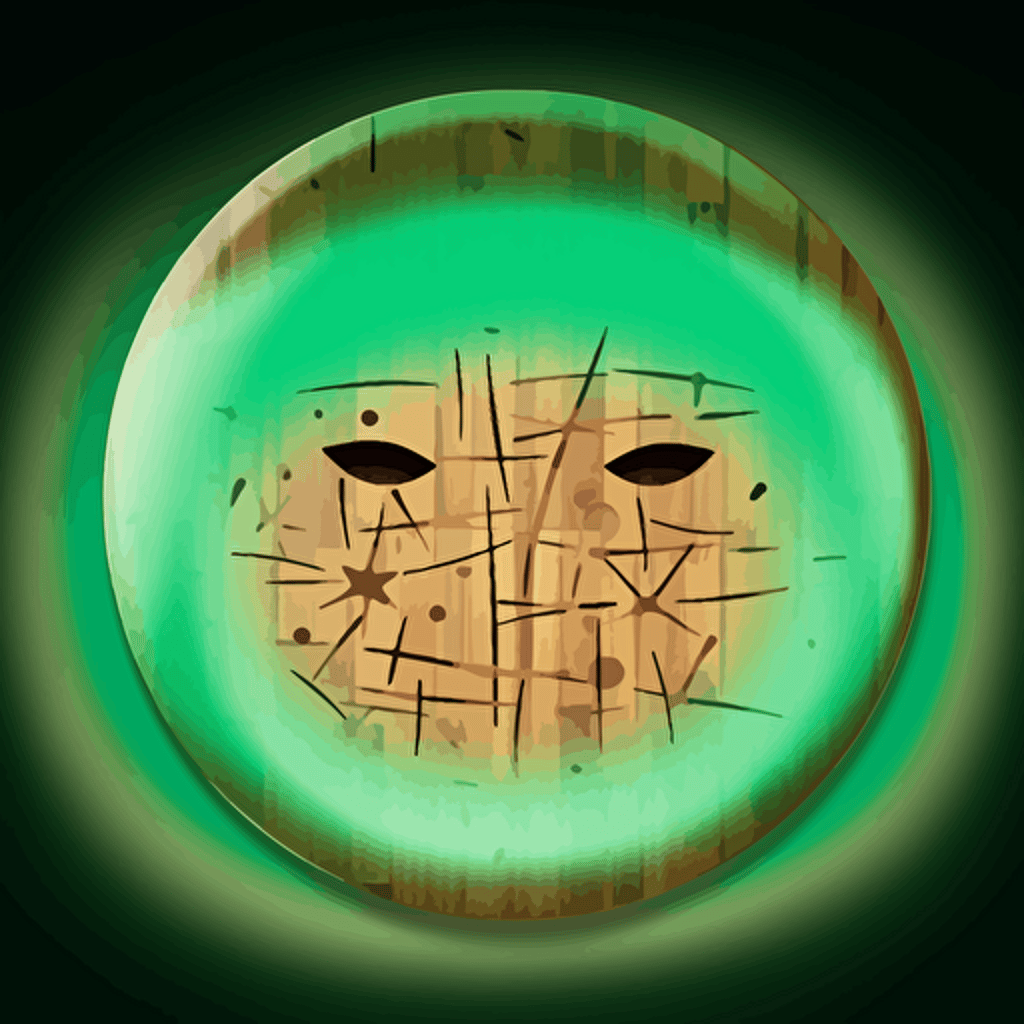 wooden face mask, circle background, vector style, brown, green