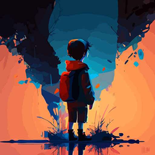 Flat vector logo, little boy on a journey, vivid light blue and orange, vector illustration