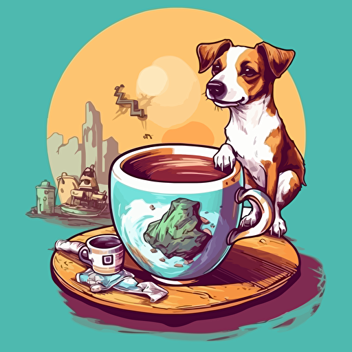 fantasy worl in wich small jack russel drink coffe and find solution to world peace, colorfull sketch, vector illustration