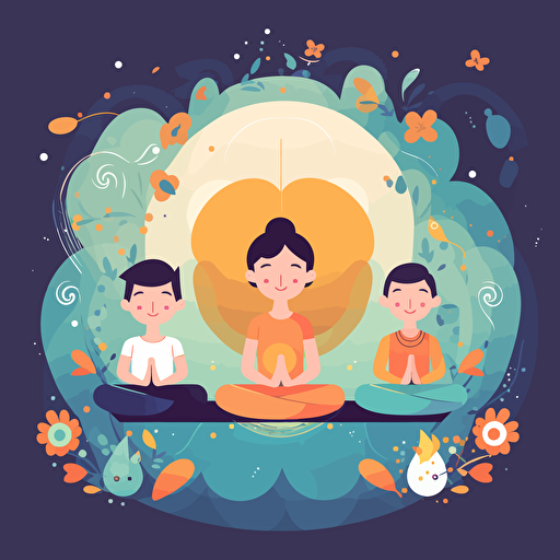 meditation illustration vector :: an illustration vector of two kids and their two parents meditating :: meditation :: kids are in the center of the illustration and the adults are on the sides :: adobe illustrator style, happy faces, colored with hex: 90caf9 and hex: ffb347, UHD