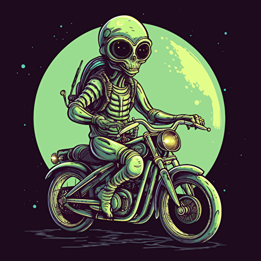 Roswell Alien riding a harley-davidson style motorcycle, vector art, flat vibrant separated colors,