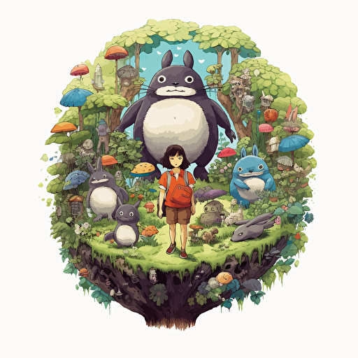 round up design with digital illustration of chihiro, no face, totoro, magic world inspired by Studio Ghibli, vector illustration, intricate details, unreal engine, extremely high detailing, sharp, white background