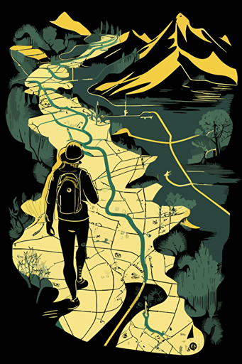 abstract hiking map, no text, pop art deco illustration, hand vector art, black background,