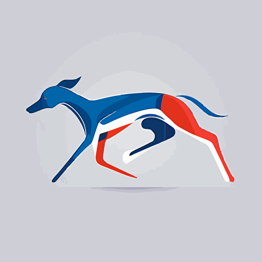 flat vector logo of a greyhound running, blue and red, simple minimal, by Ivan Chermayeff