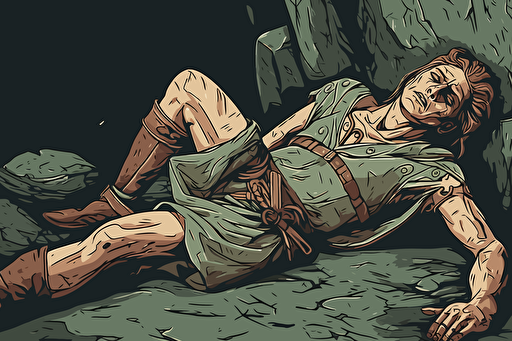 Close up shot of a defeated warrior lying on stone floor made by Paul Gustaf Dore. Retro 90s box art, vector style, inking, pixel art, wounded, bleak, horror, high detail, less warm colors,