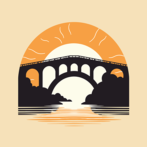 a company logo featuring a Roman bridge, symbolizing the challenge of venturing into a new world. Incorporate elements that evoke a sense of exploration, innovation, and determination. Simple 2d vector art.