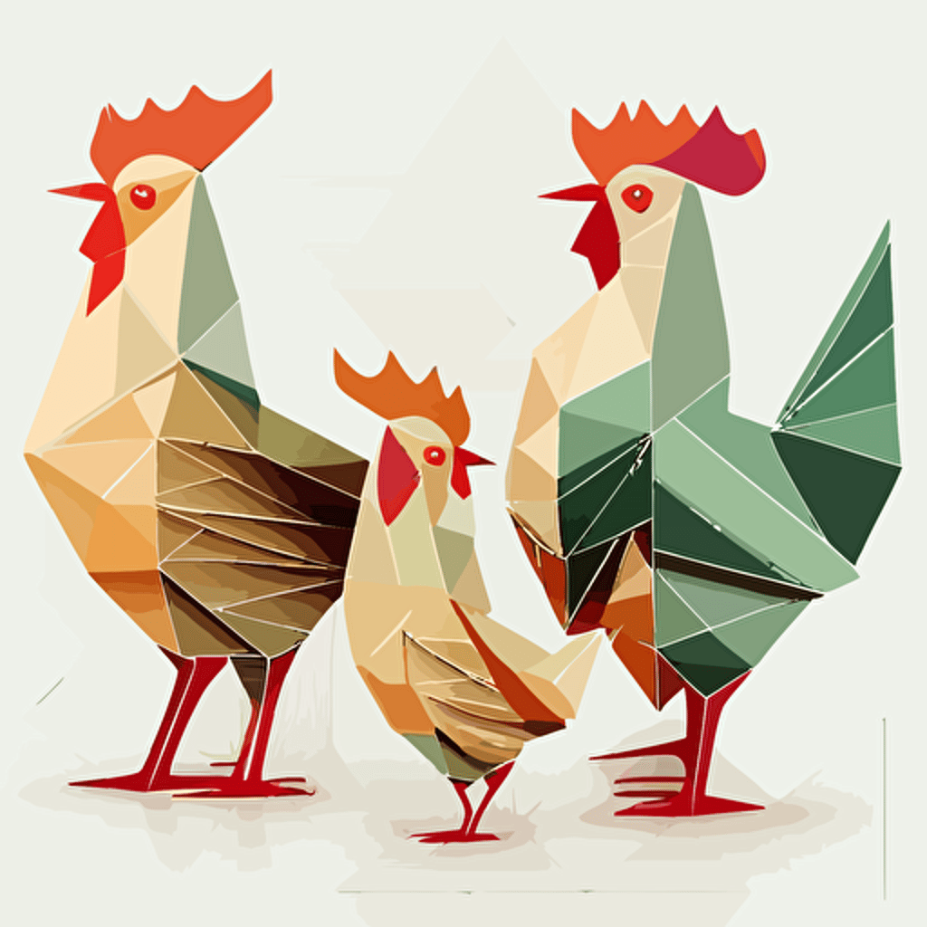chickens, retro vector style, white background