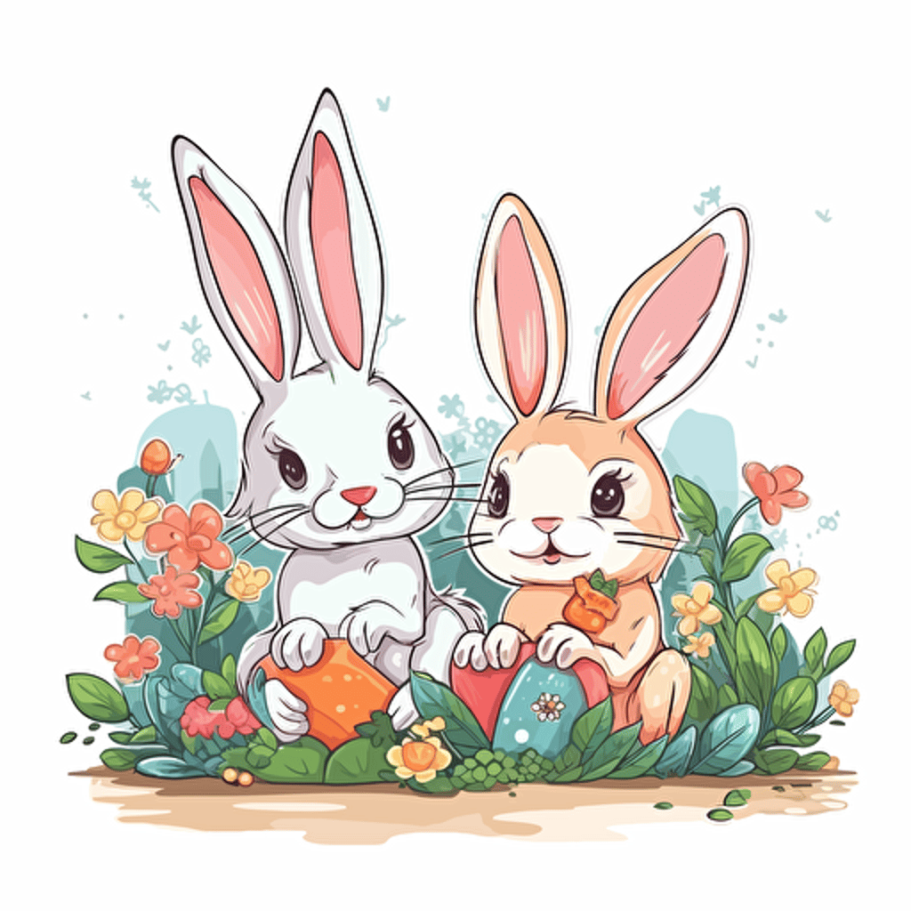 Easter Bunny Rabbits Vector Cute Cartoon Children Book Style Sticker border no background