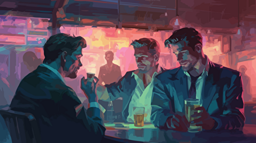 a painting featuring some gay men sitting at a bar, in the style of sam spratt, film noir aesthetic, steve henderson, herman brood, 32k uhd, simplistic vector art, outrun