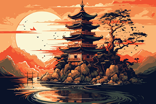 a painting of in Japanese style at sunset, a digital painting, inspired by RHADS, shutterstock contest winner, colorful vector illustration, low polygons illustration, kilian eng and thomas kinkade, retro illustration