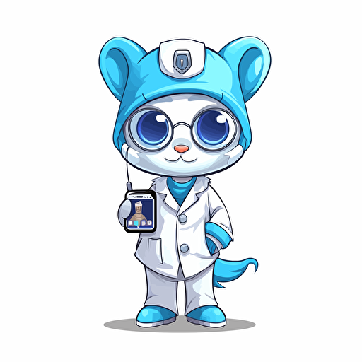 a cute mascot of a doctor wearing face mask and stethoscope, while holding a cellular phone, vector, white and blue